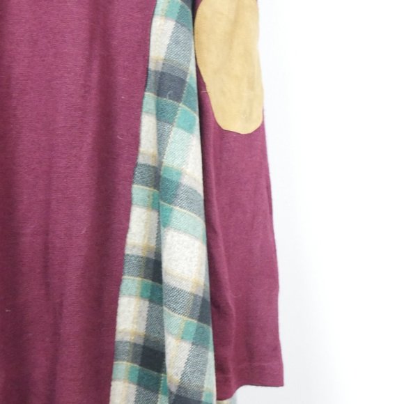 Entro Maroon with Green Plaid and Tan Elbow Patch Open Cardigan Medium - Picture 9 of 11